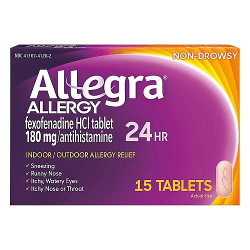 Image for Allegra Allergy Relief, Indoor/Outdoor, Non-Drowsy, 24 Hrs, Tablets,15ea from Jolley's Pharmacy Redwood