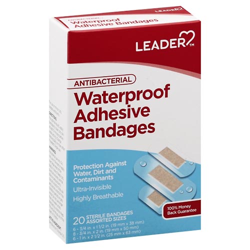 Image for Leader Adhesive Bandages, Antibacterial, Waterproof, Assorted Sizes,20ea from Jolley's Pharmacy Redwood