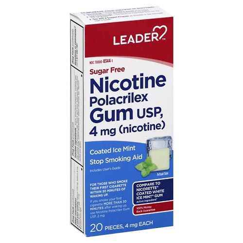Image for Leader Nicotine Polacrilex Gum, 4 mg, Coated Ice Mint,20ea from Jolley's Pharmacy Redwood