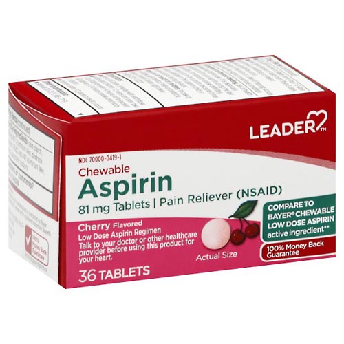 Image for Leader Aspirin, 81 mg, Chewable, Tablets, Cherry Flavored,36ea from Jolley's Pharmacy Redwood