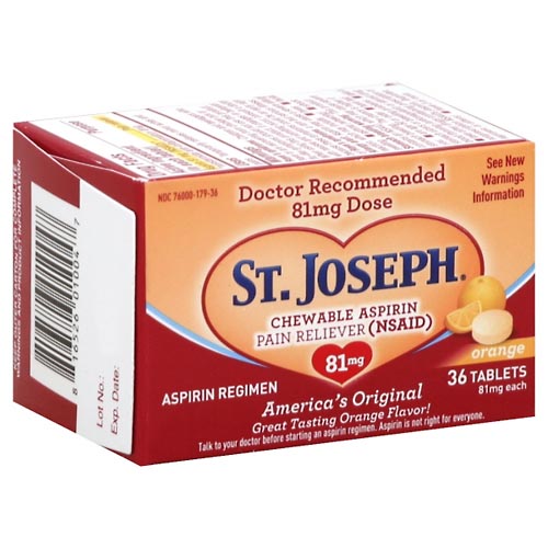 Image for St Joseph Chewable Aspirin, 81 mg, Chewable Tablets, Orange,36ea from Jolley's Pharmacy Redwood